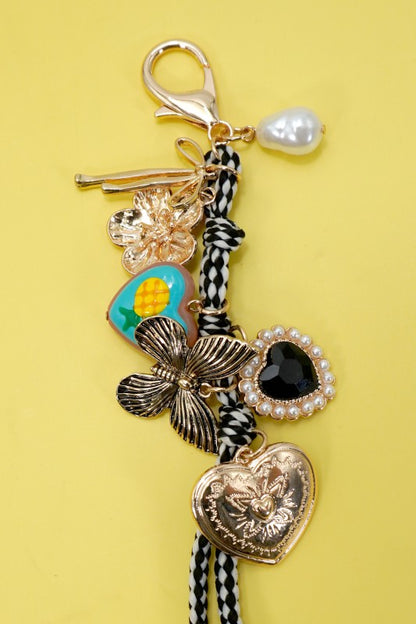 Bag Charm with Rope Heart and Porcelain Fruit, Gold