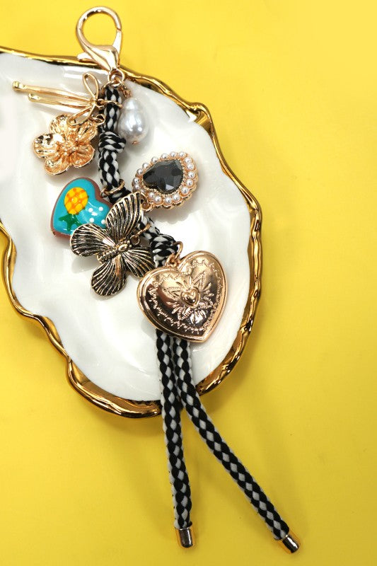 Bag Charm with Rope Heart and Porcelain Fruit, Gold