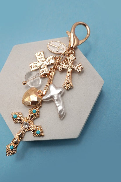 Western Heart Pearlized Cross Bag Charm, Gold