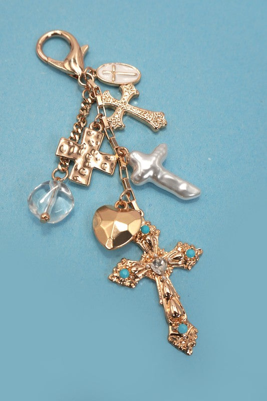 Western Heart Pearlized Cross Bag Charm, Gold