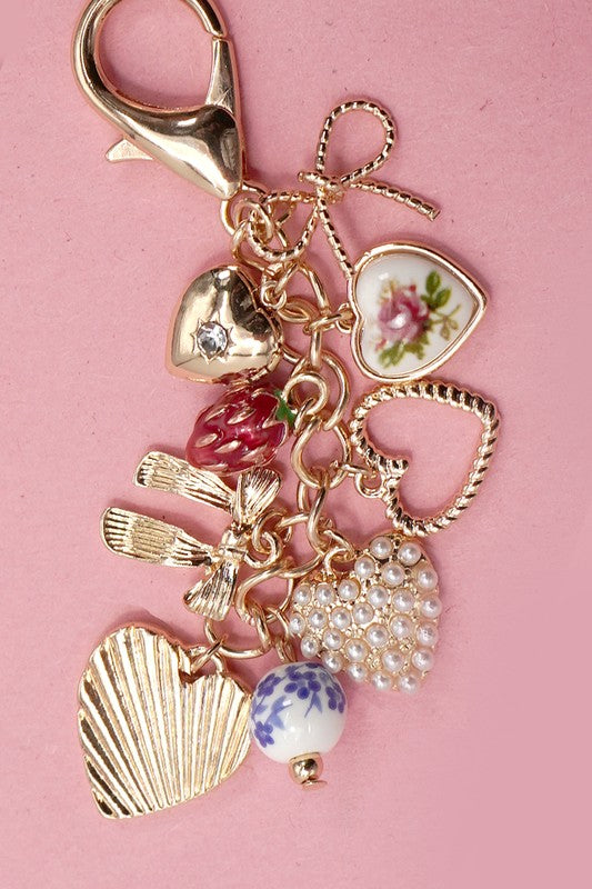 Porcelain Bows Hearts Pearl Strawberry Bag Charm, Gold