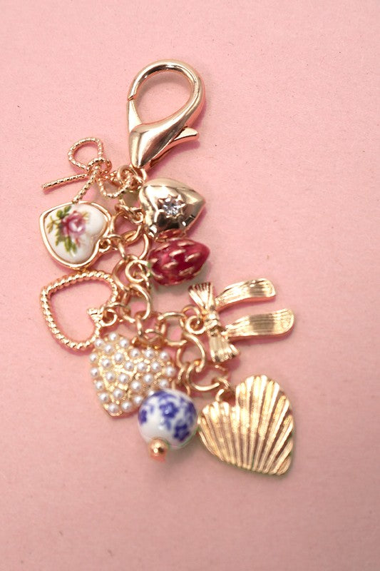 Porcelain Bows Hearts Pearl Strawberry Bag Charm, Gold