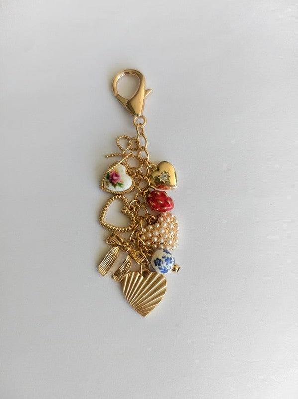 Porcelain Bows Hearts Pearl Strawberry Bag Charm, Gold