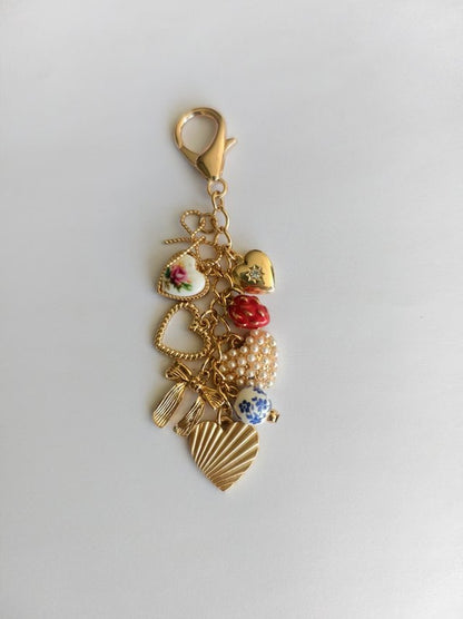 Porcelain Bows Hearts Pearl Strawberry Bag Charm, Gold