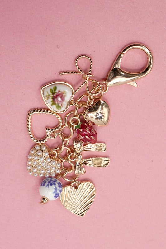 Porcelain Bows Hearts Pearl Strawberry Bag Charm, Gold