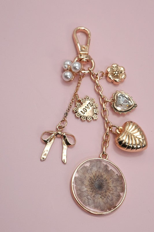 Bag Charm with Dried Flowers, Gold
