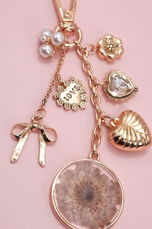 Bag Charm with Dried Flowers, Gold