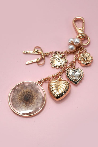 Bag Charm with Dried Flowers, Gold