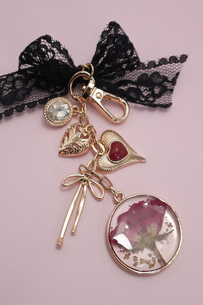 Bow Bag Charm with Dried Flower, Gold