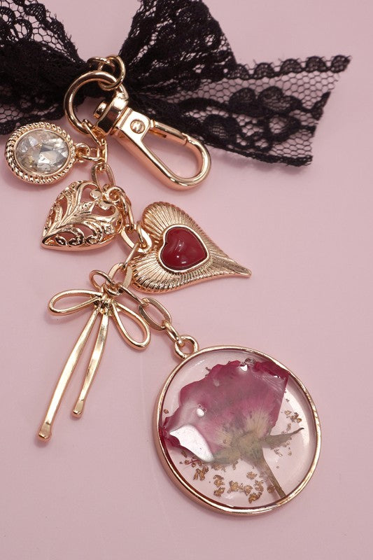 Bow Bag Charm with Dried Flower, Gold