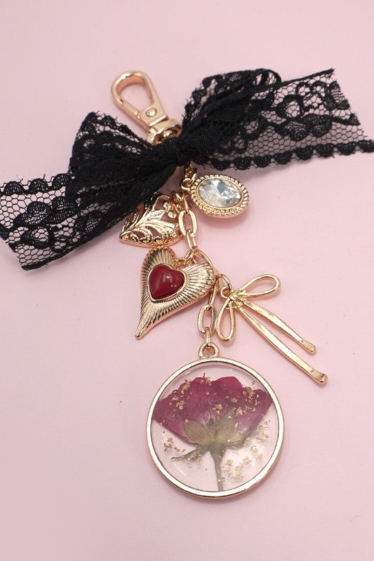 Bow Bag Charm with Dried Flower, Gold