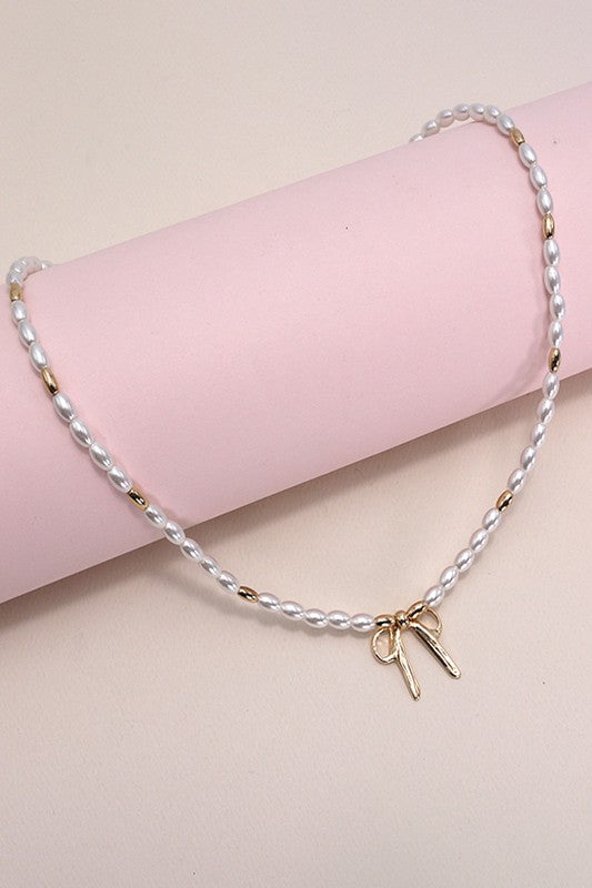 Bow Ribbon Pearl Gold Mix Chain Necklace