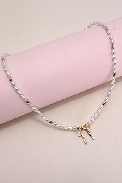 Bow Ribbon Pearl Gold Mix Chain Necklace