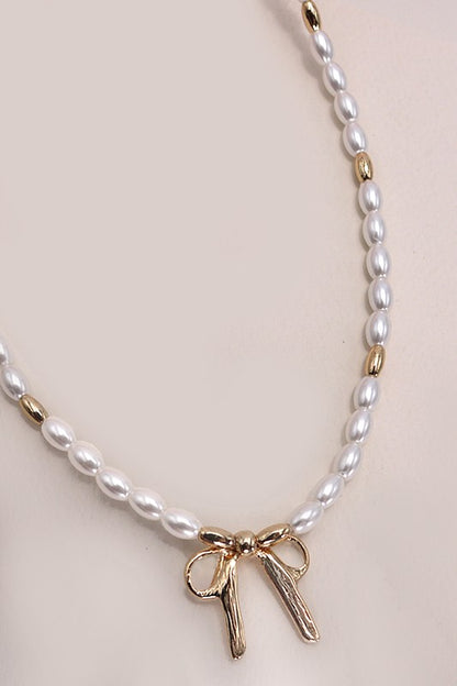 Bow Ribbon Pearl Gold Mix Chain Necklace