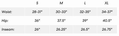 Measurement chart for waist, hip, and inseam with size ranges.